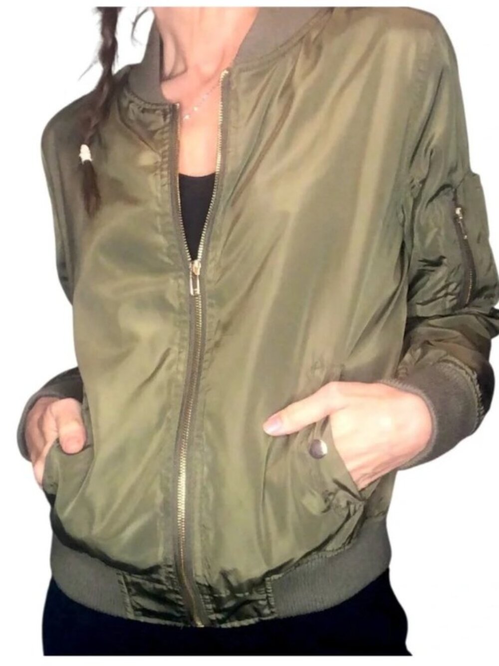 Charlotte Russe Olive Green Bomber Jacket M Gold Accents Y2K Grunge Streetwear